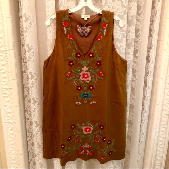UMGEE *NWT Boho Brown Ultrasuede Embroidered Dress - Picture 2 of 6